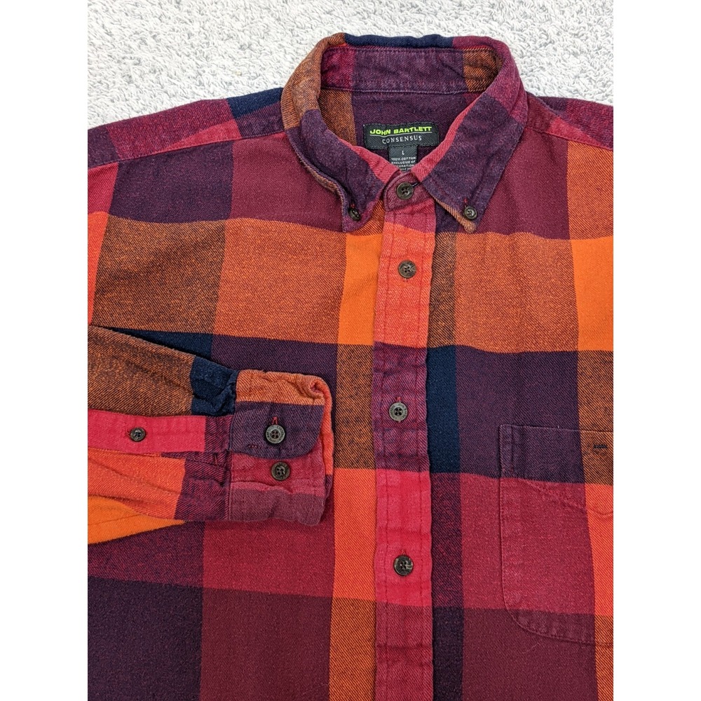 Preppy‎ Orange Red Purple Colorblock Flannel Shirt Large JOHN BARTLETT Consensus
